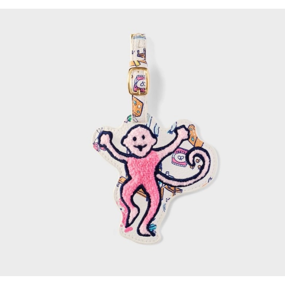 Roller Rabbit Target Monkey Luggage Tag Pink Chenille White Doodle Print New